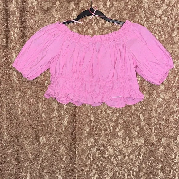 NWOT Zara Pink Puff Sleeve Smocked Crop Blouse.  Size small. - Picture 2 of 3